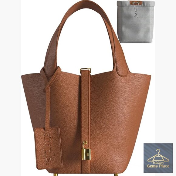 Premium Leather Mini Bucket Tote Handbag with Lock Accent